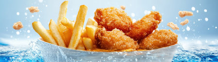 Witness the irresistible allure of freshly deep-fried snacks! Golden fries and crispy battered treats sizzle in hot oil, promising a symphony of textures and flavors Indulge in the satisfying crunch of these perfectly cooked guilty pleasures This image encapsulates the essence of delicious, deep-fried fast food at its finest AI Generativeの素材