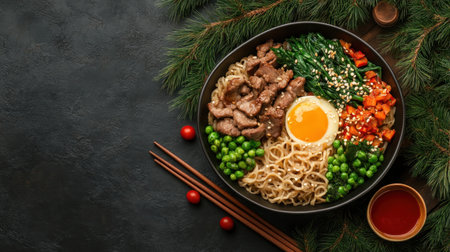 Savor autumn's bounty with an exotic Korean Bibimbap Tender beef, vibrant vegetables, noodles, and a fried egg are artfully arranged in a rustic setting This visually stunning and flavorful dish is ideal for food bloggers, culinary enthusiasts, and anyone seeking seasonal inspiration Discover a unique culinary experience perfect for festive AI Generativeの素材