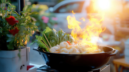 Immerse yourself in the vibrant world of authentic street food Witness culinary artistry as flames dance and dishes sizzle Indulge in rich aromas and textures, savoring traditional flavors crafted with passion Discover the secrets behind each delectable bite, a symphony tantalizing your senses, celebrating culinary heritage AI Generativeの素材