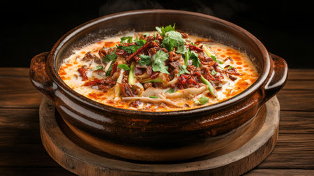 Embark on a culinary adventure with our fiery, spice-laden dish, served in a charming clay pot Immerse yourself in the rich aroma of culinary tradition This visually stunning masterpiece offers exquisite flavors in a warm, comforting ambiance A delectable experience, promising to spark joy and excitement for adventurous diners AI Generativeの素材