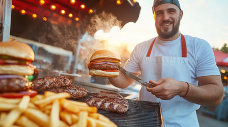 Immerse yourself in the vibrant world of street food! Witness a skilled vendor expertly crafting sizzling burgers and fries, the tantalizing aroma filling the air This captivating image captures the energy and flavor of urban cuisine, showcasing a passionate chef creating quick and tasty meals in a fast-food food truck AI Generativeの素材