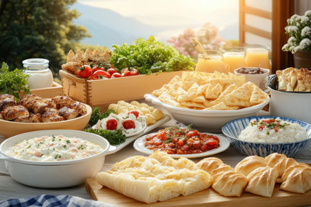 Immerse yourself in rustic charm with a traditional countryside festival feast Savor authentic regional specialties and homemade dishes crafted from farm-fresh ingredients, passed down through generations Experience the joy of communal dining, celebrating heritage, community, and rural hospitality amidst nature's splendor Create lasting memories with loved ones through shared culinary AI Generativeの素材