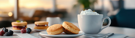 Escape into a cozy afternoon tea scene featuring warm scones, decadent clotted cream, and sweet berry jam This captivating image evokes relaxation and simple luxury A steaming cup of tea completes the tempting spread, promising exquisite flavors and textures Indulge your senses and experience the warmth and charm of this AI Generativeの素材