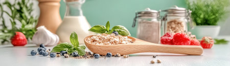 Immerse yourself in a naturally lit food texture study showcasing plump berries, fragrant herbs, and more Soft shadows and balanced composition highlight every nuance, from oatmeal's subtle texture to garlic's crispness and raspberries' juicy sweetness Perfect for food blogs and culinary publications, it inspires healthy, vibrant meal creations AI Generativeの素材