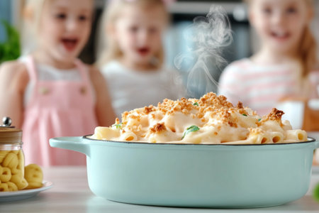 Escape into comfort with homemade mac and cheese Imagine a steaming bowl of creamy, cheesy sauce coating perfectly cooked pasta, topped with crispy breadcrumbs Ideal for cozy nights or family meals, this classic dish offers a rich, flavorful experience crafted with love Savor the simple joy of homemade goodness, leaving AI Generativeの素材