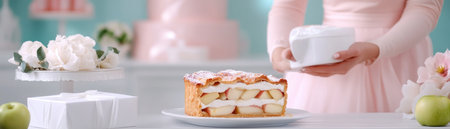 Capture the essence of a rustic apple pie, its golden, flaky crust brimming with spiced apples and caramelized sugar, taking center stage at a stylish, pink-themed party Surrounded by delicate blooms, fresh apples, and delectable cake, it's a picture-perfect scene Every bite is a delightful blend of taste and style, AI Generativeの素材