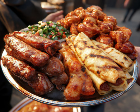 Embark on a vibrant Asian culinary journey at our night market! Savor savory wraps bursting with seasoned meats, fresh veggies, and tangy sauces Immerse yourself in a lively atmosphere filled with tantalizing aromas from street food vendors Discover authentic dishes, grilled delicacies, and flavorful snacks, all under the stars Indulge AI Generativeの素材