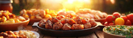 Immerse yourself in vibrant culinary heritage! This stunning image showcases a regional delicacy with authentic flavors, featuring roasted delights, savory potatoes, juicy tomatoes, and fresh salads A feast for the eyes, it inspires culinary adventures and perfectly embodies the art of food Ideal for bloggers seeking captivating visuals AI Generativeの素材