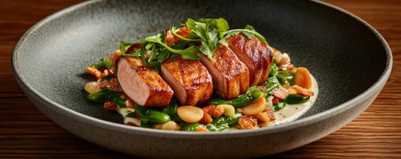 Experience culinary artistry! This top-down image showcases a meticulously plated fine-dining dish Natural light highlights perfectly cooked pork tenderloin, nestled with fresh greens and earthy beans A visual and savory masterpiece, designed to tantalize Ideal for chefs, food bloggers, and restaurants seeking exquisite food presentation inspiration AI Generativeの素材