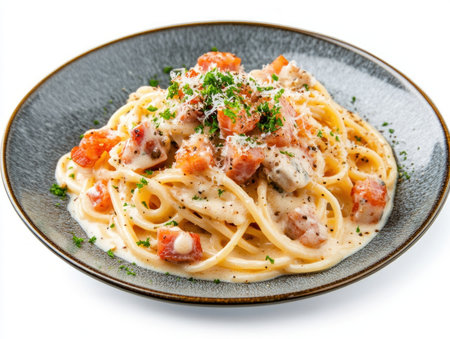 Savor authentic Italian flavors with this image of steaming spaghetti carbonara Creamy, rich, and topped with crispy pancetta and Parmesan, this classic dish is a culinary masterpiece Perfectly cooked pasta, decadent sauce, and the textures, colors, and flavors of tradition create a tempting visual, perfect for food blogs or restaurant AI Generativeの素材
