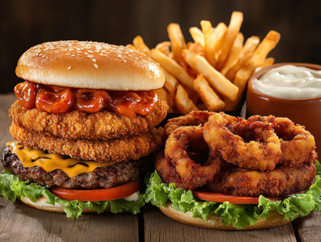 Experience fast food redefined! Indulge in a flavorful adventure with our quick and delicious recipe Savory burgers, crispy onion rings, and golden fries combine for ultimate satisfaction Made with high-quality ingredients, it's a healthy, affordable alternative that's both easy to make and tastes incredible Enjoy guilt-free indulgence! AI Generativeの素材