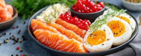 Indulge in a visually stunning and healthy breakfast bowl featuring salmon, red caviar, boiled eggs, and dill The vibrant food composition, balanced against a carefully chosen background, creates a striking visual impact This gourmet dish embodies healthy eating, delicious recipes, and sophisticated food photography, perfect for brunch inspiration AI Generativeの素材