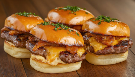 Experience gourmet fast food like never before! Indulge in decadent mini burgers elevated with premium ingredients Savory truffle aioli, sharp aged cheddar, and aromatic fresh herbs transform classic sliders into unforgettable culinary experiences These beautifully crafted, upscale treats redefine comfort food with exquisite presentation and rich flavors AI Generativeの素材