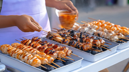 Immerse yourself in Southeast Asian street food culture Witness the art of grilling as skewered meats sizzle over hot charcoal, a vendor's secret marinade enhancing the enticing aromas These vibrant, high-quality photographs capture the essence of tradition, perfect for food blogs, travel guides, and restaurant promotion, showcasing unforgettable culinary experiences AI Generativeの素材