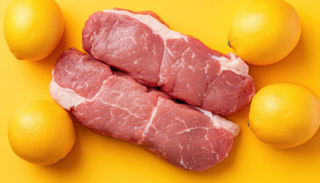 Immerse yourself in sunny food photography featuring pork tenderloin and lemons against vibrant yellow Explore balanced flat lays with harmonious colors and ample negative space, ideal for culinary blogs and magazines Witness how expert arrangement, lighting, and composition elevate these mouthwatering ingredients Get inspired and download high-resolution images to enhance AI Generativeの素材