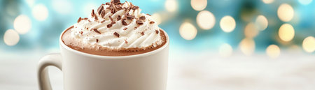 Escape the cold with a steaming mug of hot chocolate Rich and decadent, topped with whipped cream and chocolate shavings, it's the ultimate cozy comfort Warm your soul with the creamy texture and rich cocoa flavor, a simple pleasure to savor Transport yourself to cozy heaven, finding happiness in every AI Generativeの素材