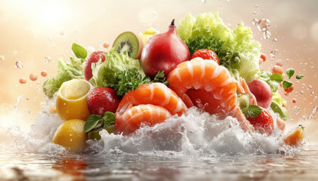 Experience vibrant health with an exotic seafood dish! Succulent shrimp, mango, and pineapple blend in a symphony of aromatic spices and herbs This culinary masterpiece ignites your taste buds while nourishing your body Discover the joy of a flavorful, balanced meal, crafted for ultimate wellness with nature's bounty AI Generativeの素材
