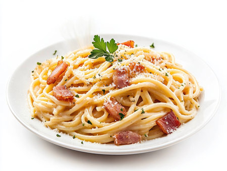 Craving authentic Italian? Dive into a steaming plate of Spaghetti Carbonara! Perfectly cooked pasta meets a creamy, velvety sauce of eggs, cheese, and cured pork, crowned with crispy pancetta and Parmesan Experience the ultimate comfort food: a culinary masterpiece that's rich, delicious, and easy to recreate at home Prepare for AI Generativeの素材