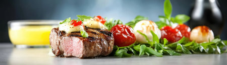 Savor culinary artistry with this high-resolution image of a gourmet exotic meat dish Bold flavors and aromatic spices infuse tender, perfectly cooked meat, complemented by vibrant vegetables and savory sauces A feast for the eyes, this photograph captures the essence of fine dining and culinary adventure, promising a tantalizing sensory AI Generativeの素材