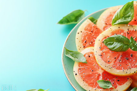 Experience the art of healthy eating with this stunning flat lay Soft lighting enhances the vibrant colors and textures of succulent grapefruit slices and fresh basil on a teal plate This visually appealing composition celebrates simple, wholesome ingredients, perfect for recipe blogs and food enthusiasts Enjoy the aesthetic appeal and AI Generativeの素材