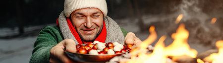 Embrace winter's joy with this image of roasted chestnuts A traditional vendor tends the crackling fire, releasing a tantalizing aroma This classic treat, perfect for sharing on cold days, evokes nostalgia and holiday cheer Experience the comforting taste of tradition and the warmth of the season in every delicious bite AI Generativeの素材