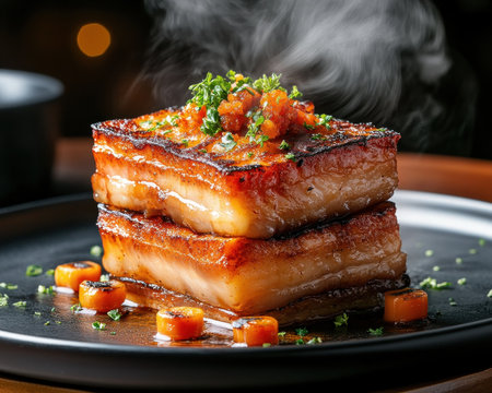 Experience culinary artistry with this luxurious gourmet dish Fall flavors infuse perfectly seared pork belly, creating a symphony of textures and aromas Exquisite plating elevates the dining experience, showcasing fine dining at its best Indulge in this gastronomic journey, relishing every savory slice and morsel AI Generativeの素材