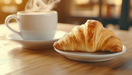Start your day beautifully with a flaky, golden croissant paired with hot coffee Buttery and soft inside, its crispy texture offers a delightful contrast Savor the warm, comforting taste and aromatic bliss of this classic combination Enjoy a moment of simple pleasure, perfect for a cozy and satisfying breakfast or AI Generativeの素材