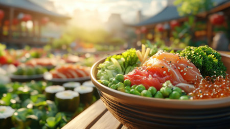 Witness culinary artistry in a single image This fusion gourmet dish blends exotic flavors into a symphony of tastes and textures Vibrant colors and artful presentation elevate food photography, inviting you on a global journey Experience a tantalizing, unforgettable bite where culinary innovation meets visual storytelling AI Generativeの素材
