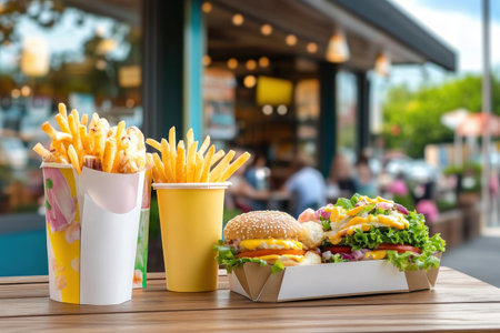 Escape the ordinary with our gourmet fast food! Savor juicy burgers bursting with flavor from fresh toppings, perfectly seasoned golden fries, and a symphony of tastes that tantalize High-quality ingredients elevate this quick meal into a surprising culinary adventure Indulge in delicious quality and discover your new favorite fast food AI Generativeの素材