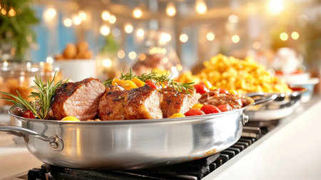 Embark on a flavorful journey! This image showcases exotic meats sizzling on a grill, infused with fragrant spices A tangy sauce complements the succulent cuts, promising a culinary explosion Experience the art of grilling as aromatic spices meet delicious meats, creating a visually stunning and incredibly tasty masterpiece Discover the AI Generativeの素材