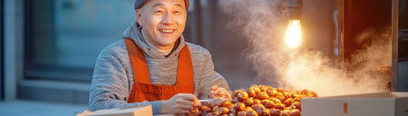 Capture the essence of autumn and winter markets with this image of a traditional vendor roasting chestnuts over an open fire The warm aroma and cracking shells evoke feelings of warmth, tradition, and simple pleasures Perfect for food blogs, travel guides, or anyone seeking a cozy, flavorful experience AI Generativeの素材