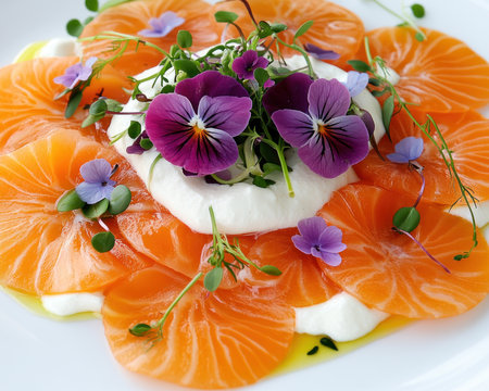 Unleash your inner chef with this vibrant, complex dish! Learn to balance exotic flavors and create a stunning photogenic masterpiece, garnished with microgreens and edible flowers Elevate home dining and impress guests with professional plating techniques Discover the artistry of fine dining and transform your next gathering into a culinary AI Generativeの素材