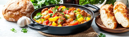Escape the chill with our hearty homemade stew Tender meat and vegetables simmer in a rich, savory broth, served with warm, crusty bread This rustic, slow-cooked masterpiece is the ultimate comfort food, perfect for cozy evenings and sharing with loved ones A nourishing and soul-warming meal prepared with love AI Generativeの素材