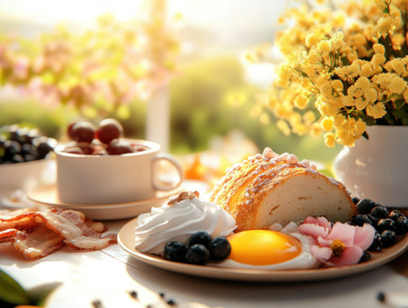 Capture the essence of a relaxing Sunday with this cozy brunch image! Fluffy French toast, vibrant fruit, and crispy bacon create an irresistible morning feast Perfect for food blogs, recipe sites, and social media, this image inspires delicious creations and shared moments Evoke comfort and culinary pleasure, ideal for promoting AI Generativeの素材