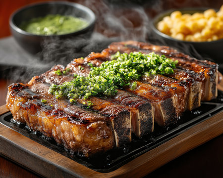 Experience culinary artistry with this moody, high-contrast food shot A perfectly grilled steak, glistening with savory juices and vibrant chimichurri, commands attention against a dark background Dramatic lighting enhances texture and depth, capturing the essence of fine dining and celebrating the intricate details of this delectable dish A visual feast AI Generativeの素材