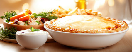 Savor homemade comfort with our chicken pot pie A golden, flaky crust embraces tender chicken and vegetables in a symphony of savory flavors This classic dish is warm, satisfying, and perfect for family gatherings or cozy dinners A true culinary masterpiece that will have everyone asking for seconds, it's the AI Generativeの素材