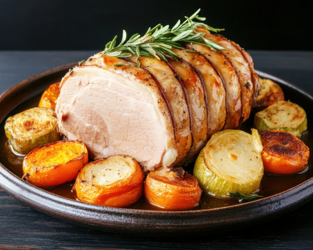 Savor the warmth of a classic Sunday roast in this mouthwatering image Tender, perfectly roasted meat with crisp edges and juicy interior is surrounded by golden-brown, caramelized vegetables A generous drizzle of rich, savory gravy completes this feast for the eyes, promising a truly heartwarming and satisfying culinary experience Ideal AI Generativeの素材