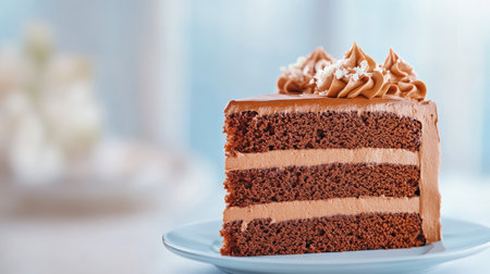 A tempting image of classic chocolate cake promises pure decadence Rich frosting layers moist cake on a vintage plate, capturing homemade comfort Perfect for food blogs or dessert promotions, this visual treat satisfies sweet cravings and evokes warmth The timeless appeal makes it ideal for showcasing culinary creations AI Generativeの素材
