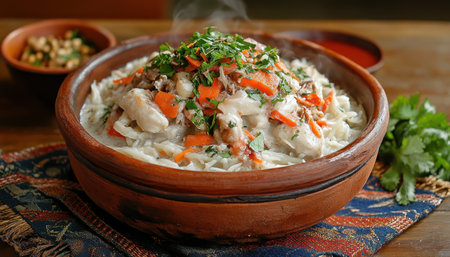 Embark on a culinary adventure! This vibrant image captures a steaming traditional dish, crafted with exotic ingredients and presented in an authentic cultural setting Experience the rich flavors and artistry of global cuisine, inviting you to savor the beauty of cultural heritage and time-honored traditions Discover authentic culinary experiences and AI Generativeの素材