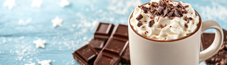 Escape the cold with a decadent hot chocolate Rich and creamy, topped with whipped cream and chocolate shavings, it's the perfect cozy treat for winter nights Share this delightful, warm beverage with friends or simply savor its comforting warmth and satisfy your chocolate craving Relax and enjoy every delicious sip AI Generativeの素材