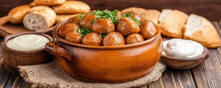 Escape to a rural village and savor a handmade, traditional meatball dish served in an earthenware pot Fresh, local ingredients create a hearty and authentic experience, perfected over generations Crusty bread rolls and creamy dipping sauce complement the rich flavors Experience the warmth and simplicity of village life through this AI Generativeの素材