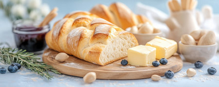 Savor a delightful still life: a golden, freshly baked baguette with creamy butter and homemade jam This inviting scene captures rustic elegance and morning bliss Perfect for food blogs, culinary websites, or kitchen decor, it evokes artisan baking, homemade goodness, and the simple pleasures of a gourmet breakfast AI Generativeの素材