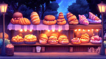 Escape into a cozy nighttime food scene with a charming street stall Freshly baked, savory pastries filled with spiced meats and cheeses perfume the cool air under vintage streetlights Each bite promises a delightful culinary adventure, a heartwarming treat for passersby Discover this street food paradise, a feast for both AI Generativeの素材