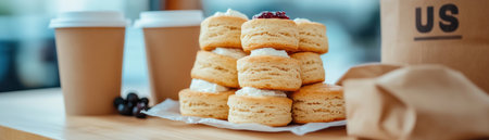 Experience quintessential British charm with a cozy afternoon tea Delight in soft scones generously topped with rich clotted cream and sweet berry jam Perfect for a relaxing break or special occasion, this elegant setup evokes warmth, comfort, and simple pleasures Capture the essence of British culture with tea and freshly AI Generativeの素材