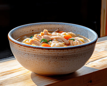 Warm up with a hearty bowl of homemade chicken and dumplings! This classic comfort food is a culinary hug, perfect for chilly evenings and family gatherings Enjoy the rich flavors, tender textures, and satisfying simplicity of this timeless recipe Easy to prepare, it's guaranteed to warm both body and soul AI Generativeの素材