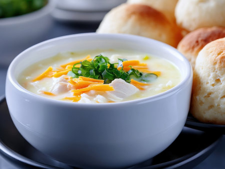 Escape the chill with a comforting bowl of creamy chicken and rice soup, a timeless classic that warms body and soul Served alongside warm, buttery biscuits, this dish offers a satisfying and nostalgic taste of home cooking Simple ingredients combine to create a nourishing meal that's perfect for cozy days AI Generativeの素材