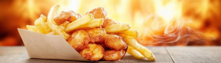 Craving comfort food? Imagine golden-brown fries and crispy, battered snacks sizzling in hot oil This tempting image captures the irresistible allure of perfectly fried fast food, a guilty pleasure for any restaurant, food blog, or snack enthusiast Indulge in this visual feast, a celebration of delicious, satisfying comfort food Get AI Generativeの素材