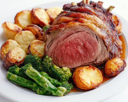 Capture the comforting essence of a classic Sunday roast: tender meat, perfectly roasted vegetables, and a rich, savory gravy This image evokes warmth and tradition, ideal for food bloggers and home-cooking enthusiasts Inspire culinary creations and share the joy of delicious food with this stunning visual feast, inviting viewers to AI Generativeの素材