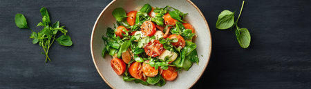 A vibrant summer salad explodes with fresh cherry tomatoes, baby spinach, and creamy mozzarella The image highlights clean lines and intentional plating A healthy, light, and colorful dish perfect for summer Experience food photography's artistry and minimalist styling, capturing the essence of fresh ingredients It's a delicious, nutritious, quick, and AI Generativeの素材