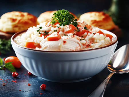 Escape into comfort with a creamy chicken and rice soup scene Fluffy rice and tender chicken swim in a rich broth, paired with golden, buttery biscuits This image embodies homemade goodness, perfect for chilly evenings Every spoonful promises nostalgia and satisfaction in this classic, inviting, and appetizing comfort food meal AI Generativeの素材
